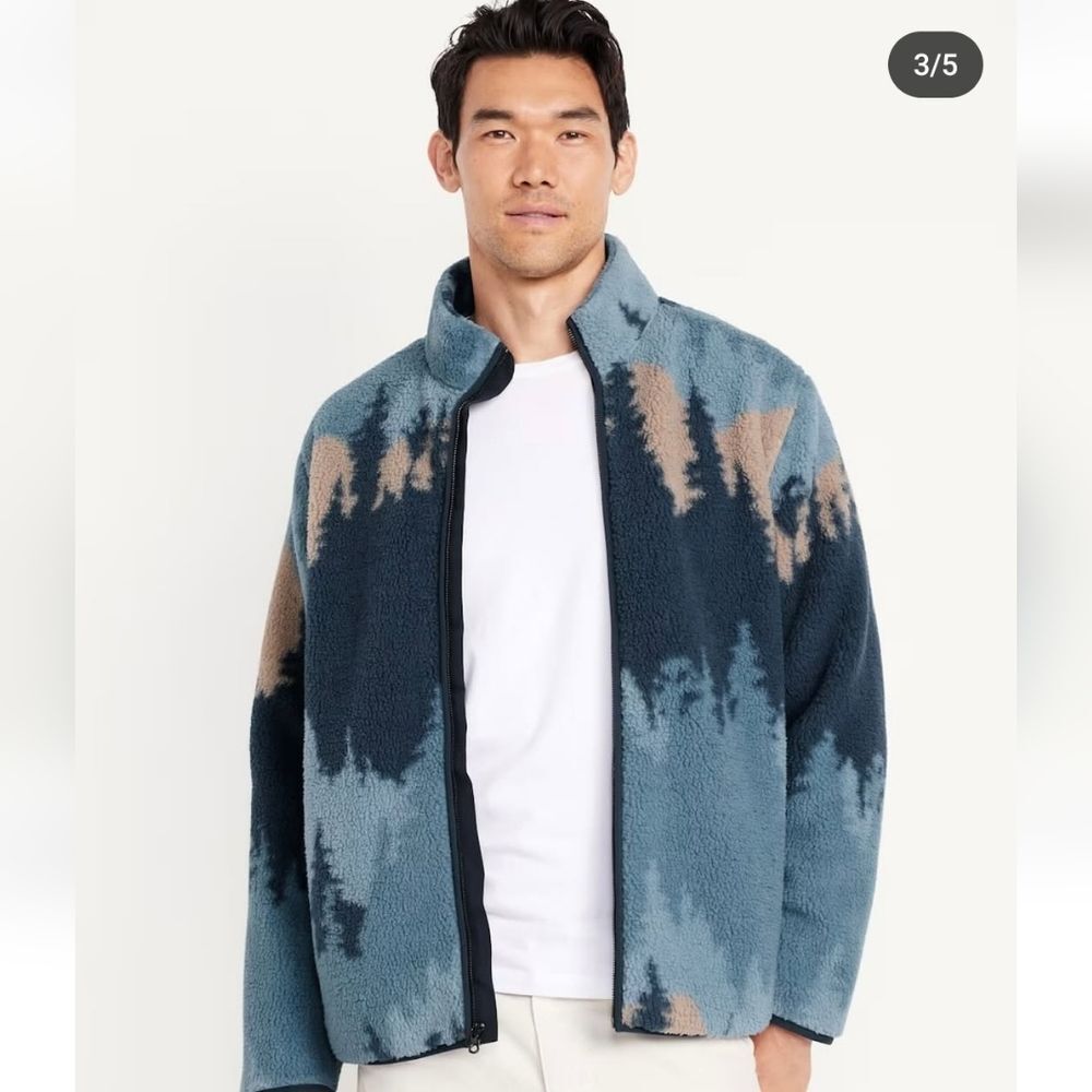 NWT Old Navy Sherpa Zip Jacket blue trees pullover - Picture 3 of 5